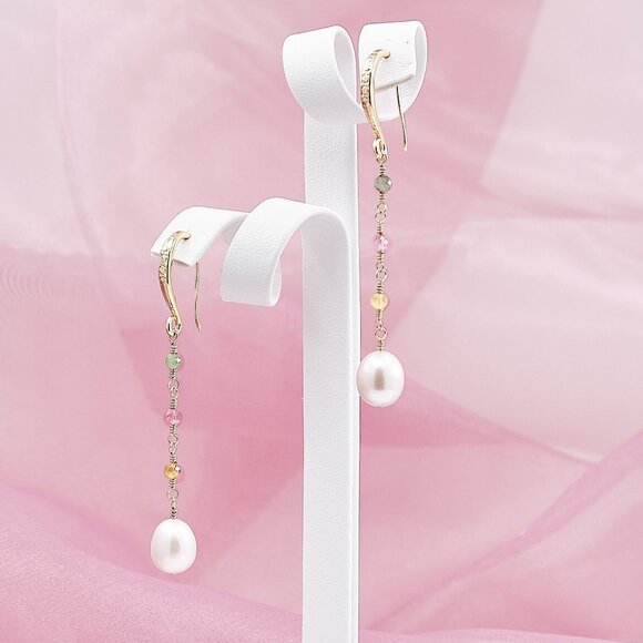 Pearl & Tourmaline Dangle Earrings, 14K Gold Filled Hammered French Hooks - Picture 1 of 9